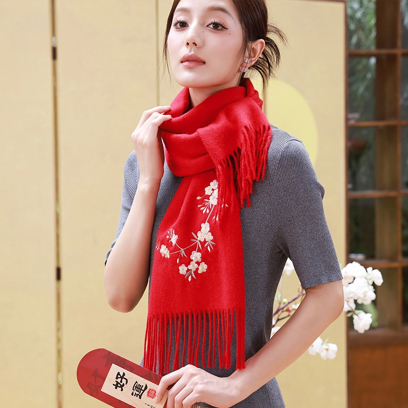 杭丝路 纯色刺绣花卉日常旗袍妈妈搭配简约 绵羊毛 绒线围巾 女款