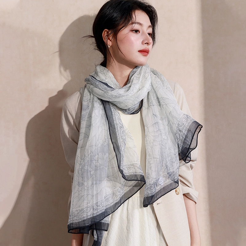 杭丝路 真丝大披肩外搭薄款防晒围巾纱巾水墨 桑蚕丝 丝巾 女款 灰色
