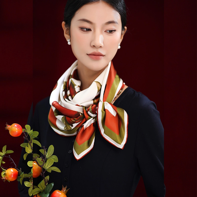 杭丝路 单面印花手工卷边重磅柿柿如意 丝巾 女款