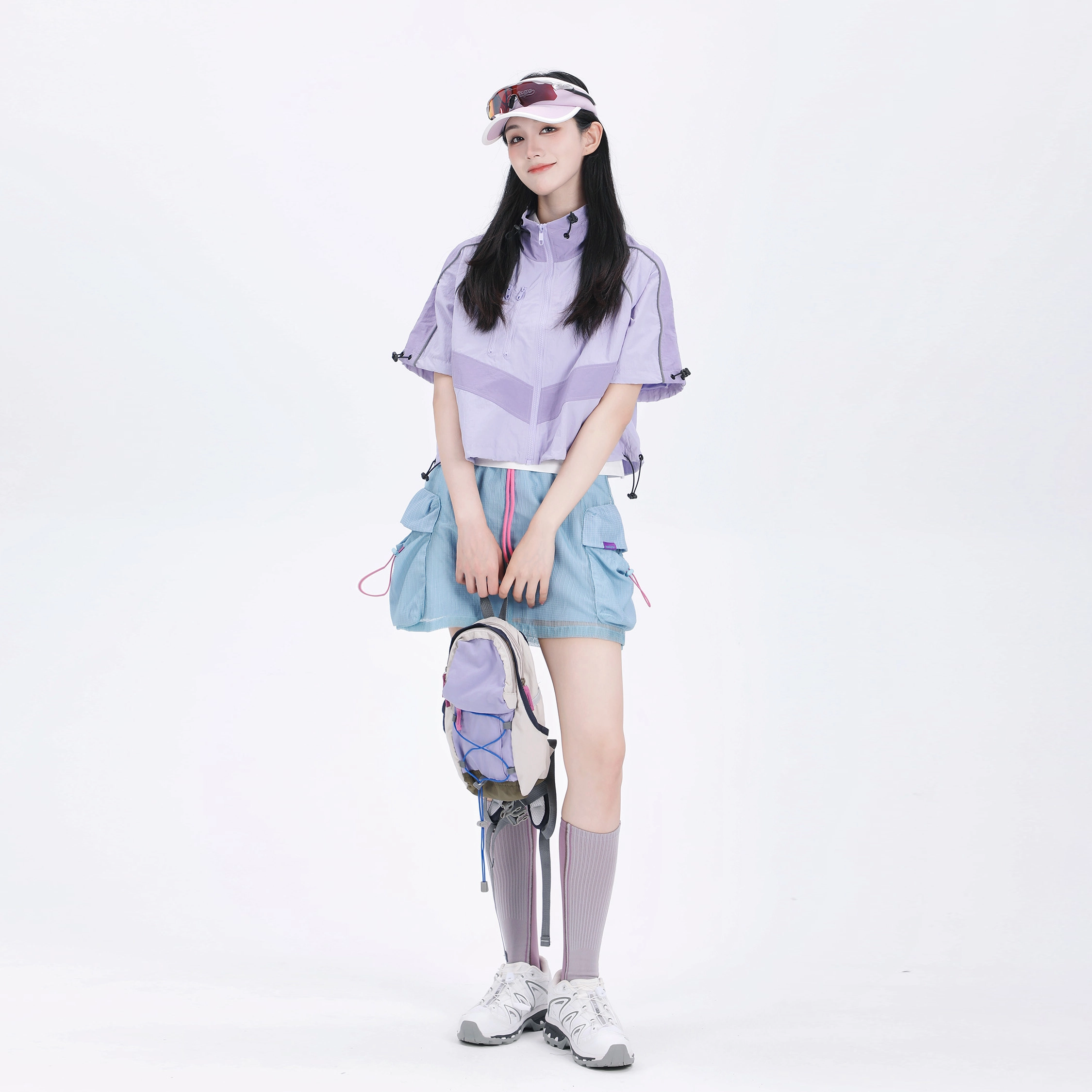 吉业重工 山系户外拼色立领拉链宽松短袖截短外套 女款