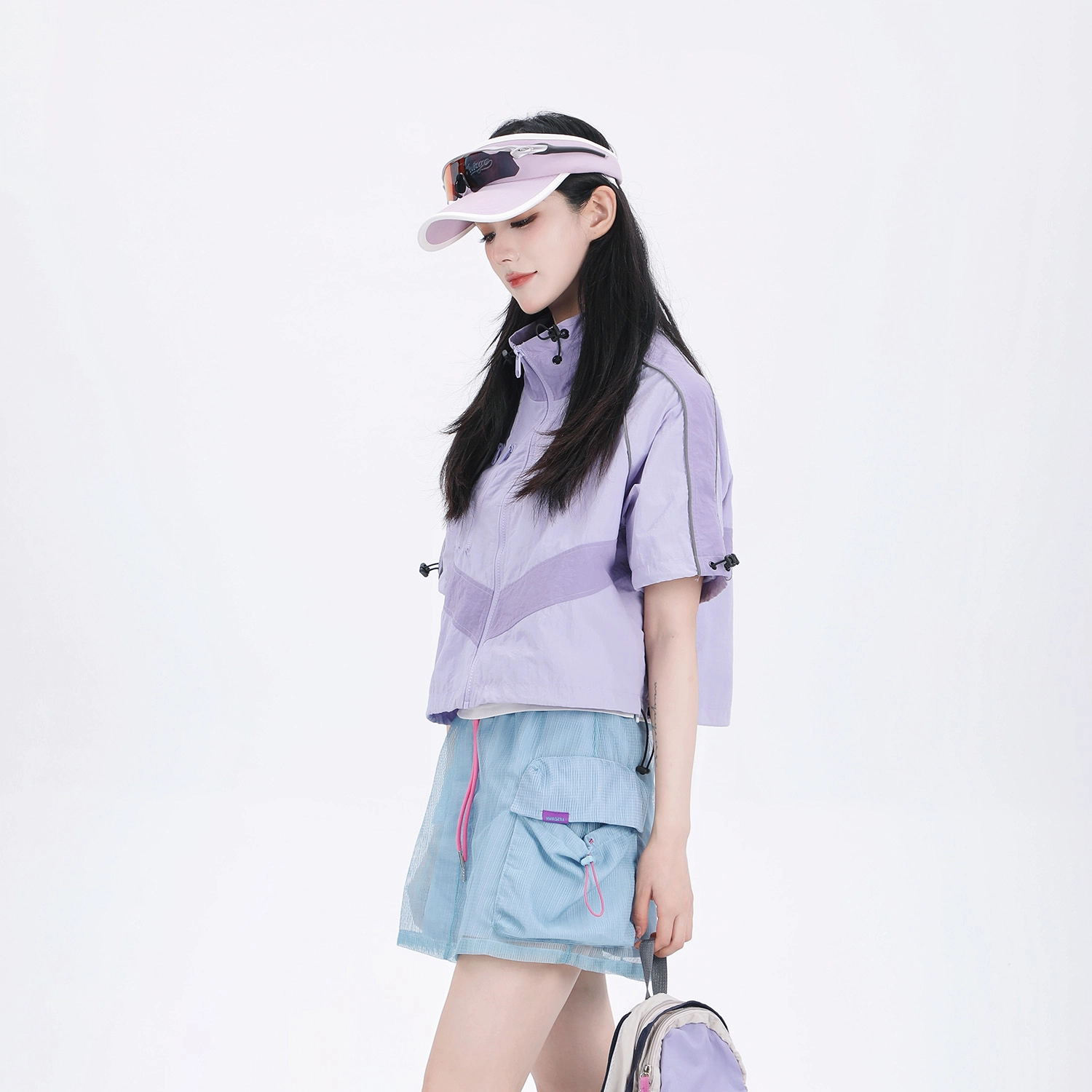 吉业重工 山系户外拼色立领拉链宽松短袖截短外套 女款