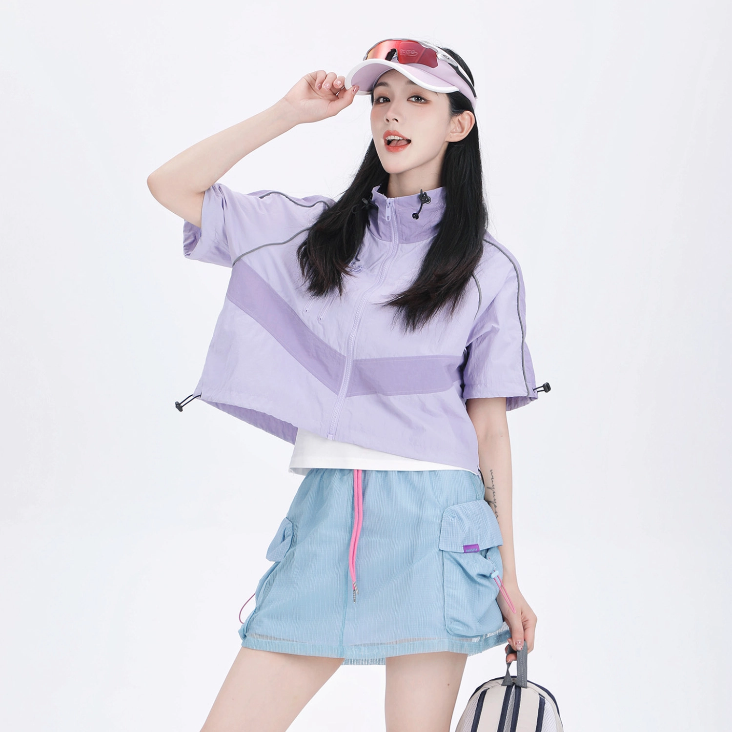 吉业重工 山系户外拼色立领拉链宽松短袖截短外套 女款