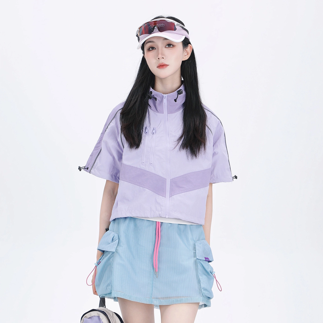 吉业重工 山系户外拼色立领拉链宽松短袖截短外套 女款