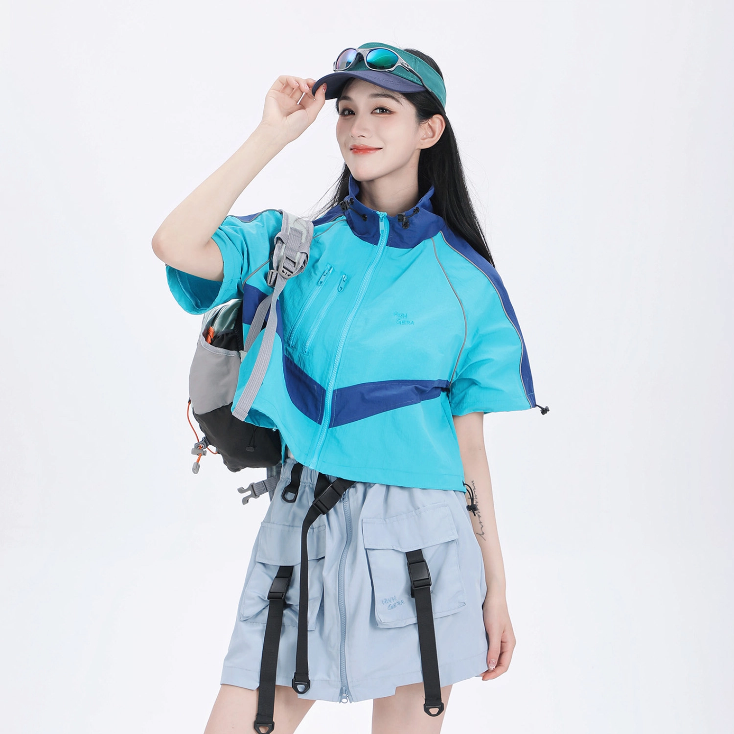 吉业重工 山系户外拼色立领拉链宽松短袖截短外套 女款