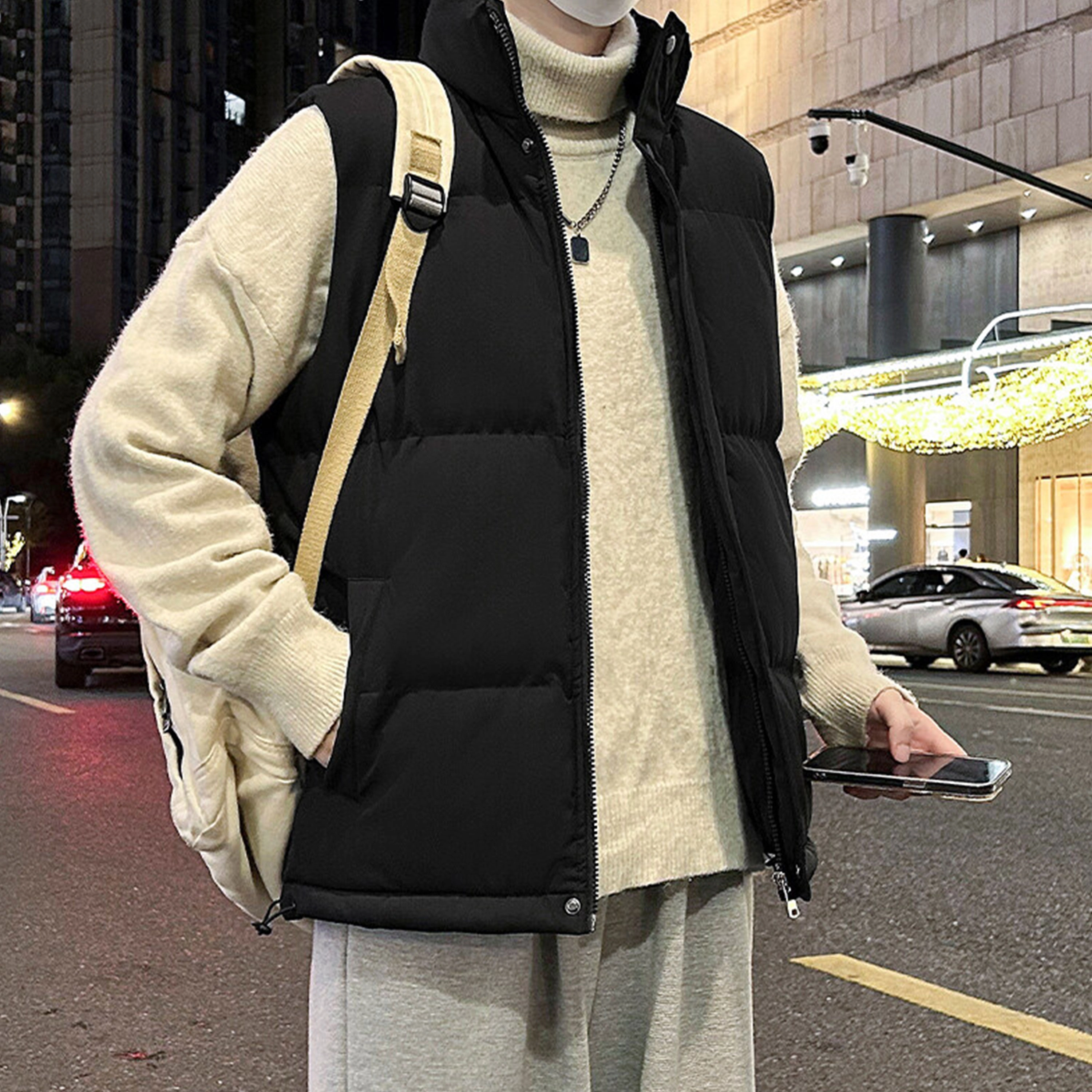 寻星记 美式无袖坎肩基础款厚款百搭保暖宽松舒适时尚休闲纯色立领无性别主义外套马甲 男女同款