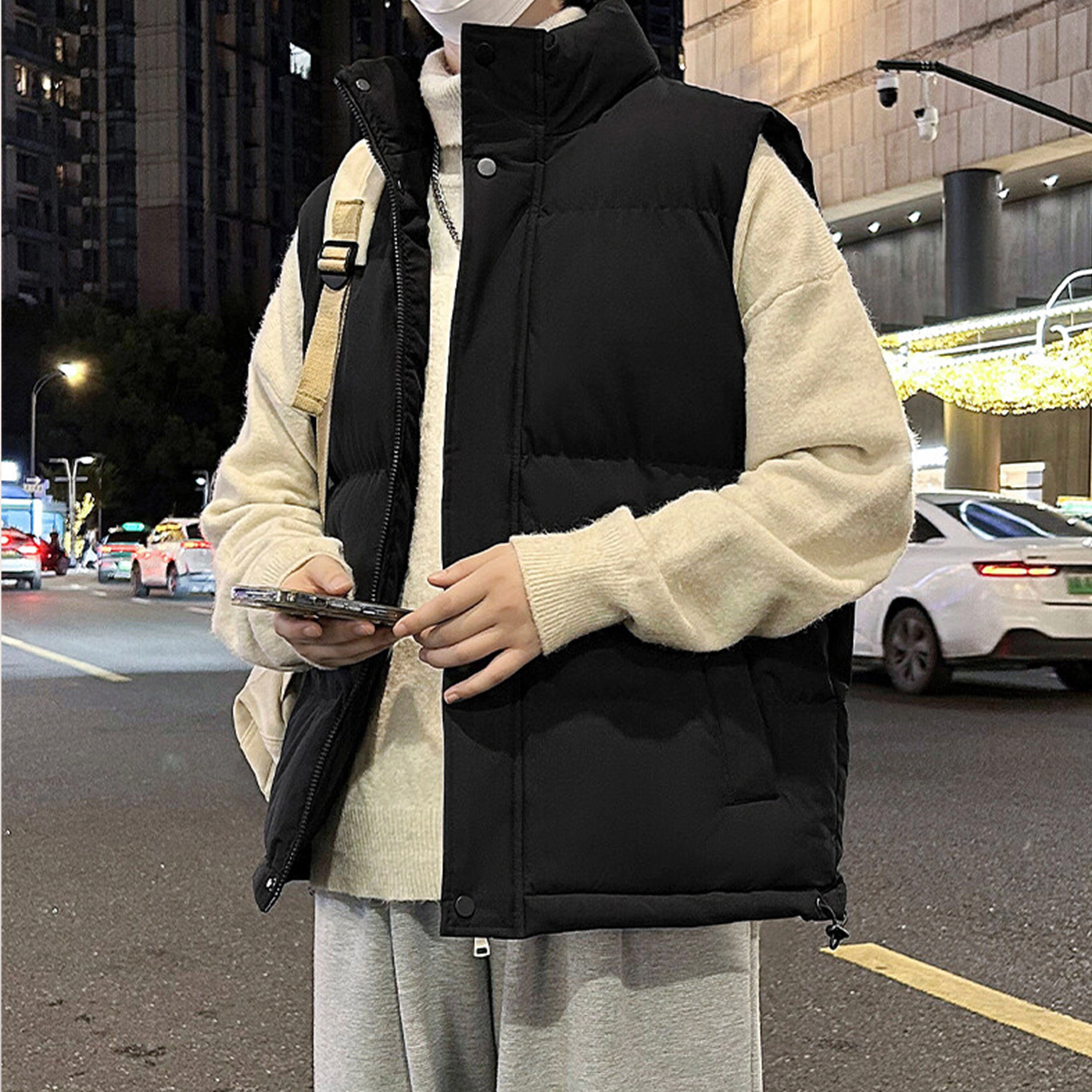 寻星记 美式无袖坎肩基础款厚款百搭保暖宽松舒适时尚休闲纯色立领无性别主义外套马甲 男女同款