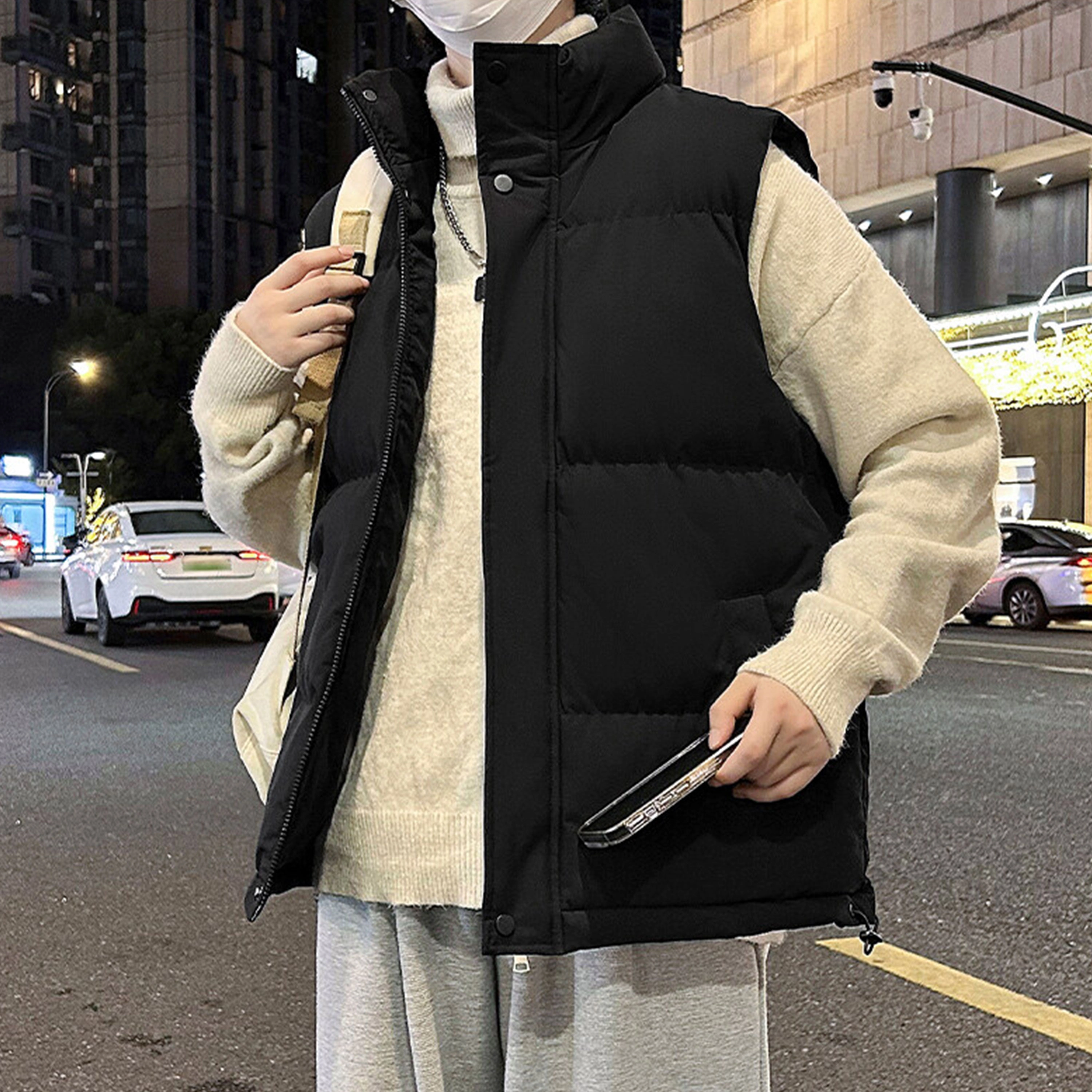 寻星记 美式无袖坎肩基础款厚款百搭保暖宽松舒适时尚休闲纯色立领无性别主义外套马甲 男女同款