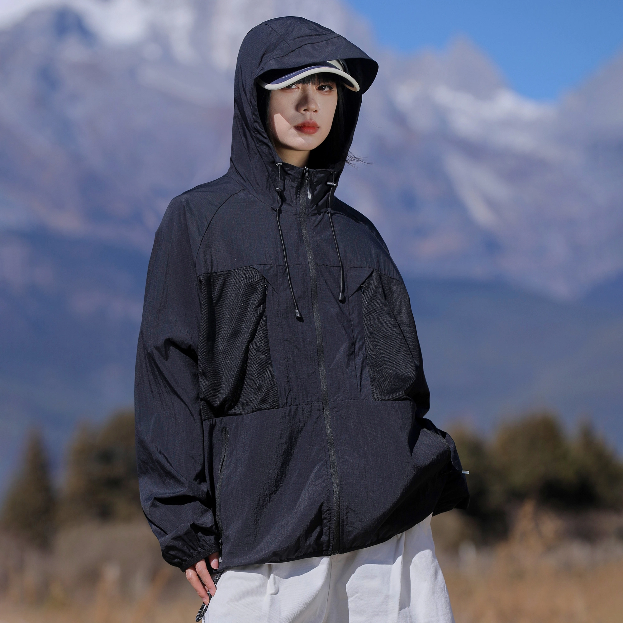 美式复古潮牌户外连帽轻薄透气运动皮肤衣防晒服 男女同款