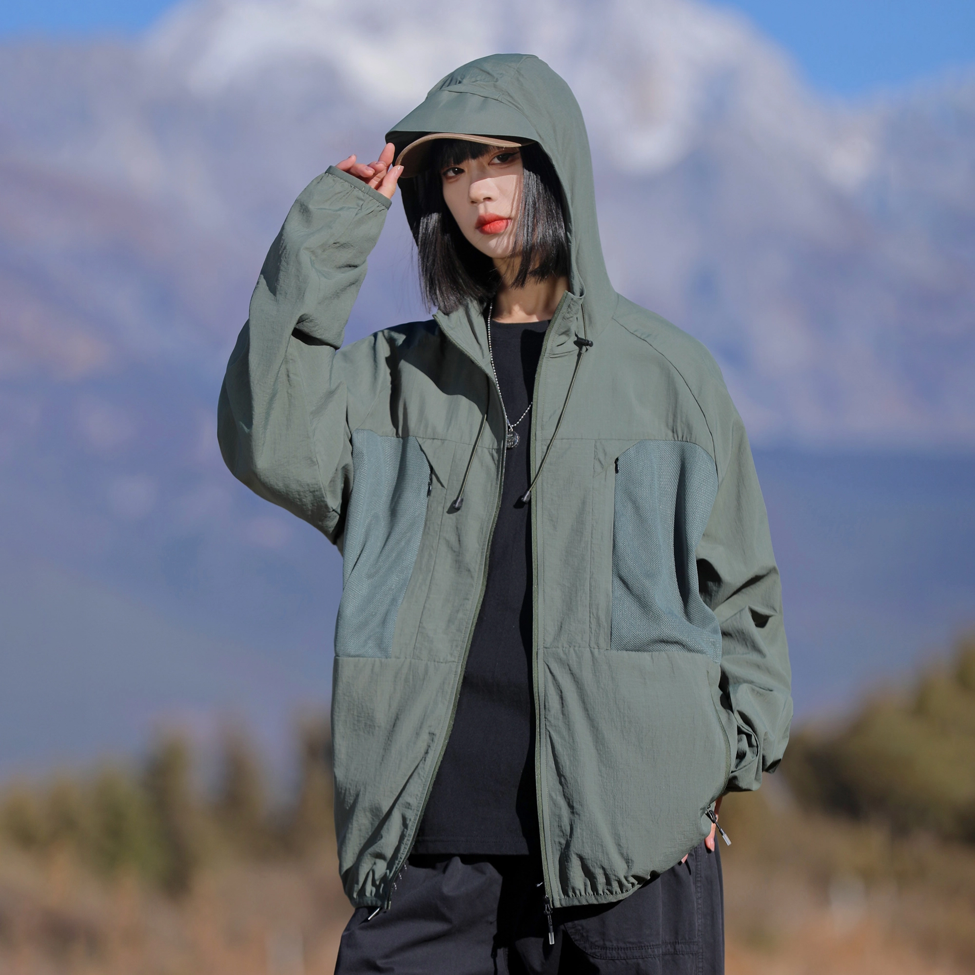 美式复古潮牌户外连帽轻薄透气运动皮肤衣防晒服 男女同款