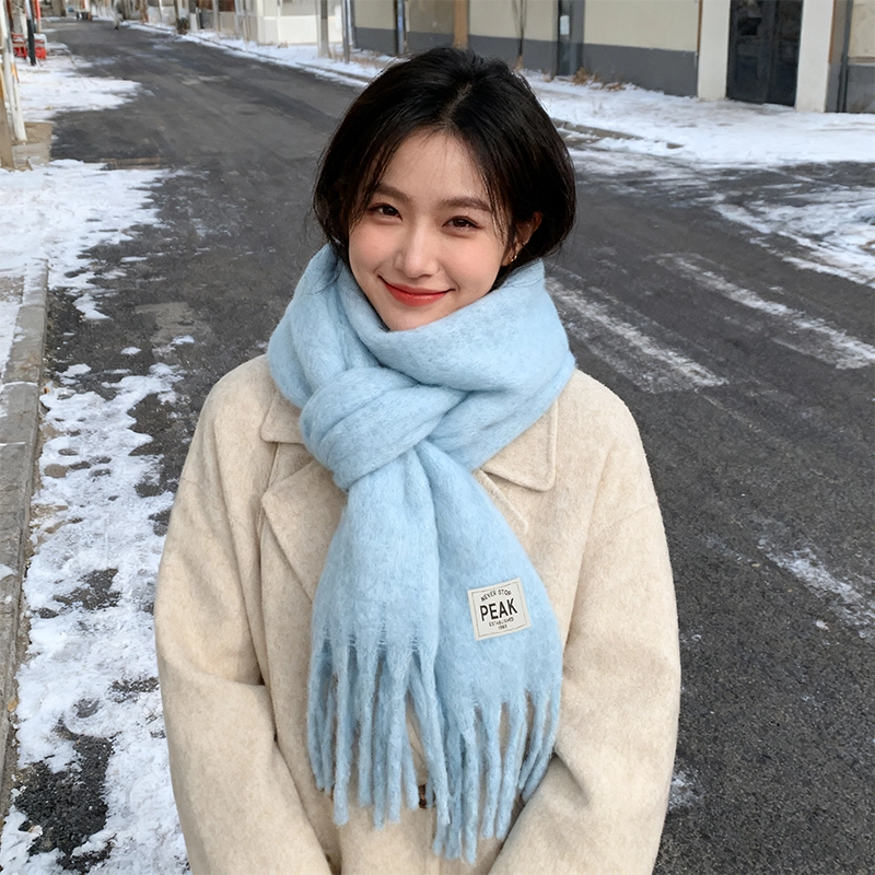 【礼盒可选】 匹克 治愈系纯色蓝绒感流苏大披肩韩式氛围感 聚酯纤维 绒线围巾 男女同款情侣款