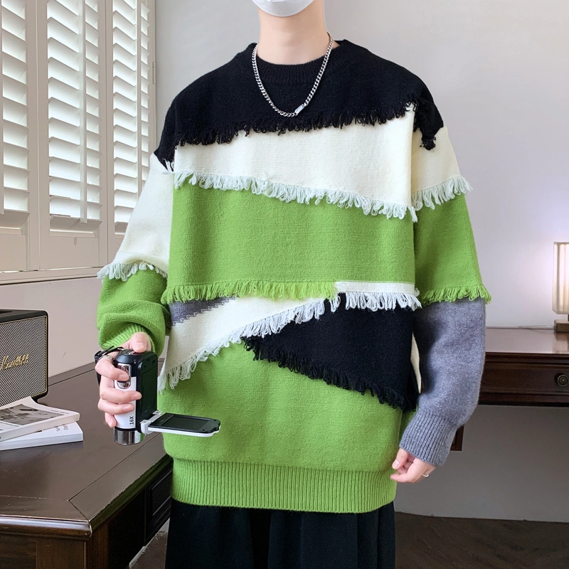 百胜狐 百胜狐个性拼接毛边设计感小众男青少年痞帅流苏线衣外套针织衫 男款