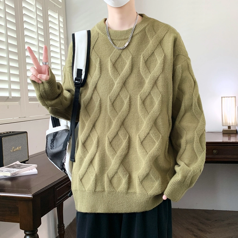 百胜狐 百胜狐美式圆领男秋冬宽松扭花设计感慵懒风百搭套头针织衫 男款