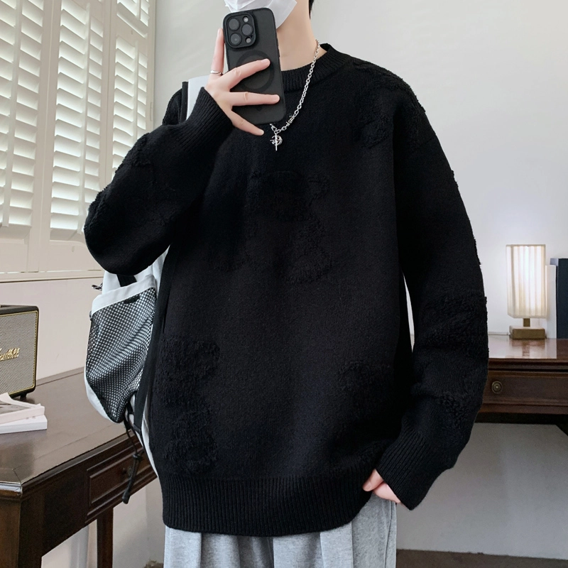 百胜狐 百胜狐冬季男厚款时尚百搭绣小熊高品质保暖青少年打底衫针织衫 男款
