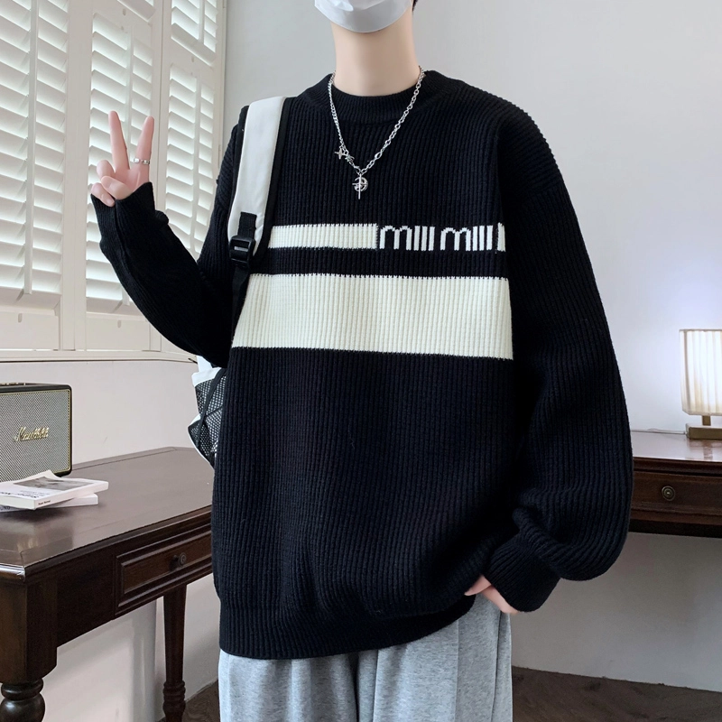 百胜狐 百胜狐男冬季圆领内搭衣服青少年慵懒风保暖冬装打底针织衫 男款