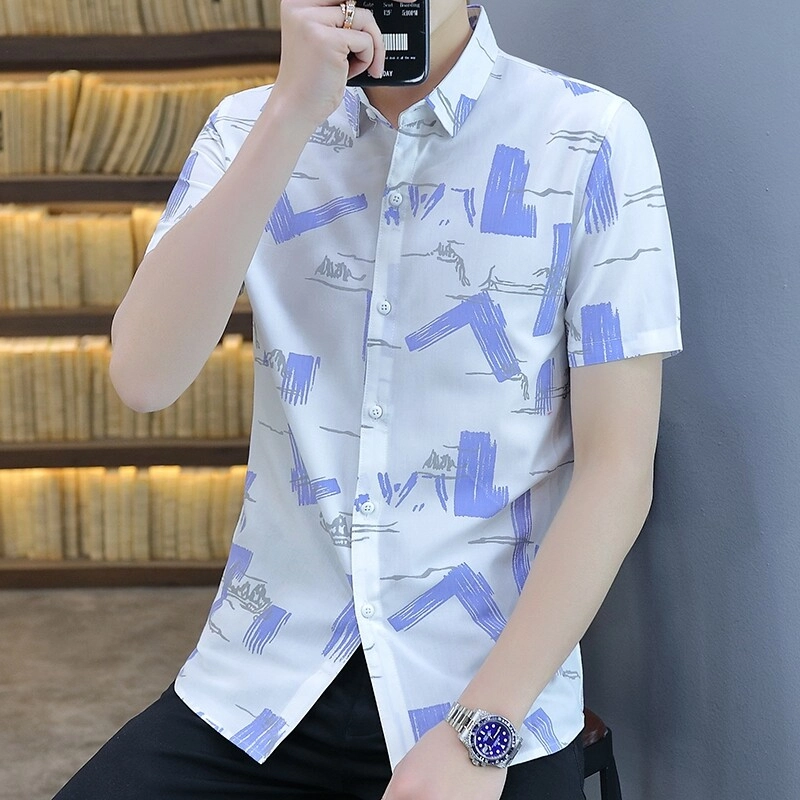 百胜狐 百胜狐夏季男士个性印花韩版修身帅气半袖寸衫休闲潮流男装衬衣短袖衬衫 男款