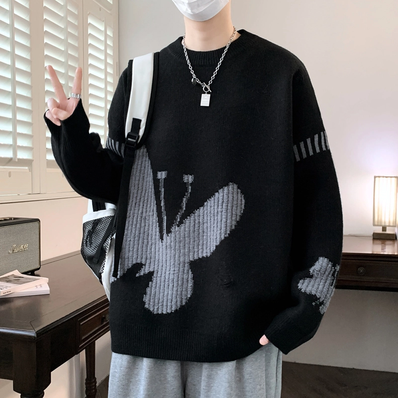 百胜狐 百胜狐男秋冬季蝴蝶图案男宽松保暖休闲青少年毛线衣外套针织衫 男款