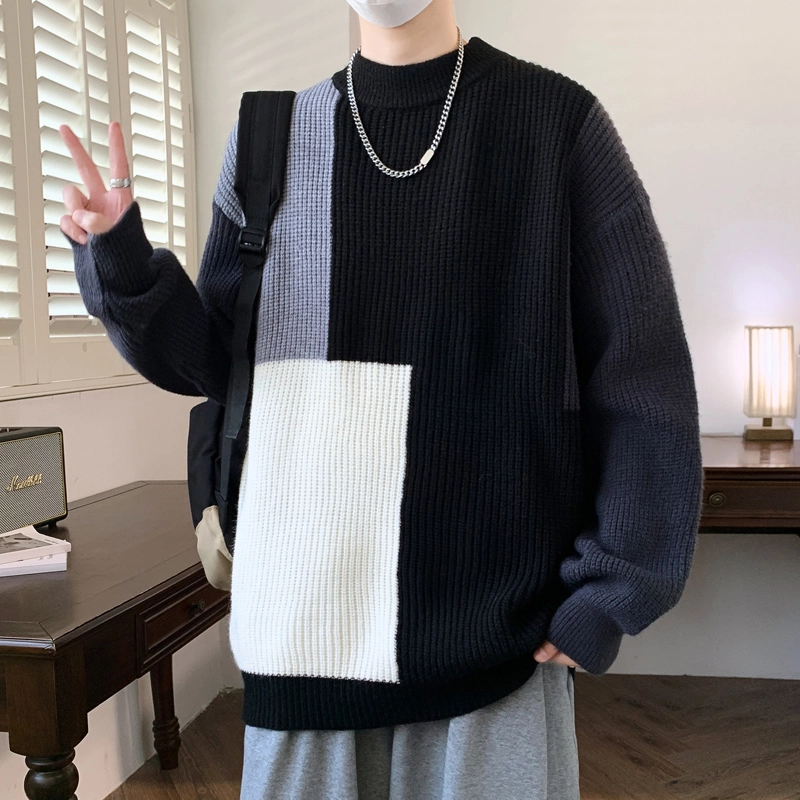 百胜狐 百胜狐拼色潮牌圆领男青少年宽松秋冬季加厚保暖上衣男装打底针织衫 男款