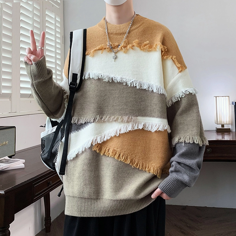 百胜狐 百胜狐个性拼接毛边设计感小众男青少年痞帅流苏线衣外套针织衫 男款