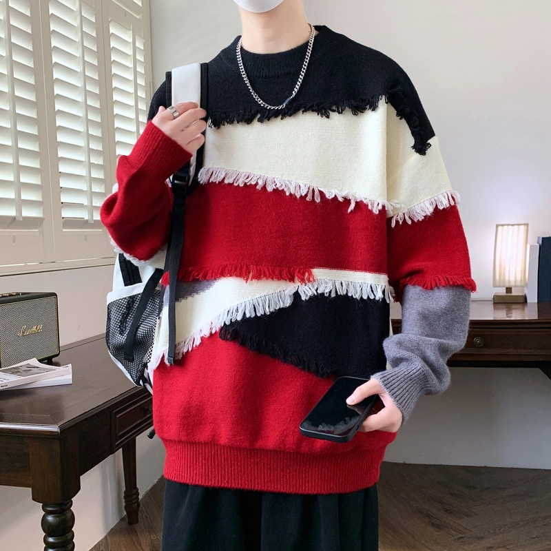 百胜狐 百胜狐个性拼接毛边设计感小众男青少年痞帅流苏线衣外套针织衫 男款