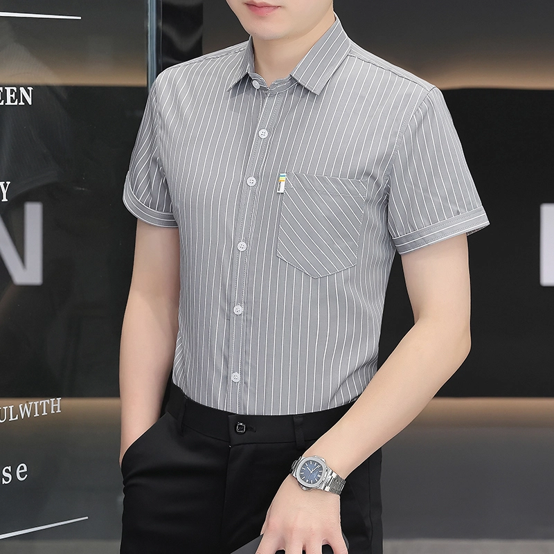 百胜狐 百胜狐夏季条纹男士高端免烫商务休闲衬衣韩版冰丝棉半袖寸衣潮短袖衬衫 男款