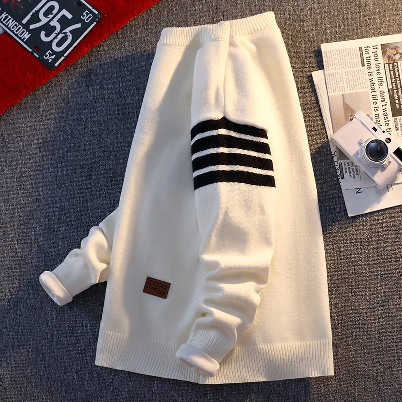 百胜狐 百胜狐条纹男士秋冬季休闲圆领保暖宽松加厚潮流百搭打底针织衫 男款