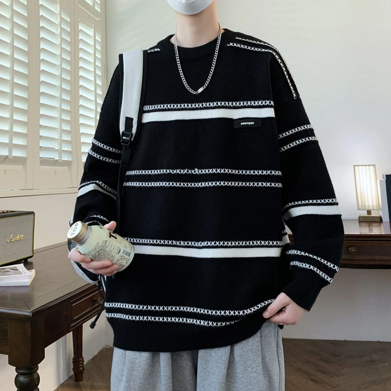 百胜狐 百胜狐高中生男秋冬季圆领加厚青少年潮牌内搭套头打底毛线衣针织衫 男款