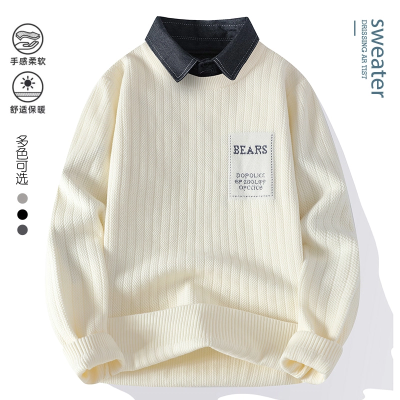 百胜狐 百胜狐高级感假两件秋冬季加厚保暖线衣服男士衬衫领打底针织衫 男款