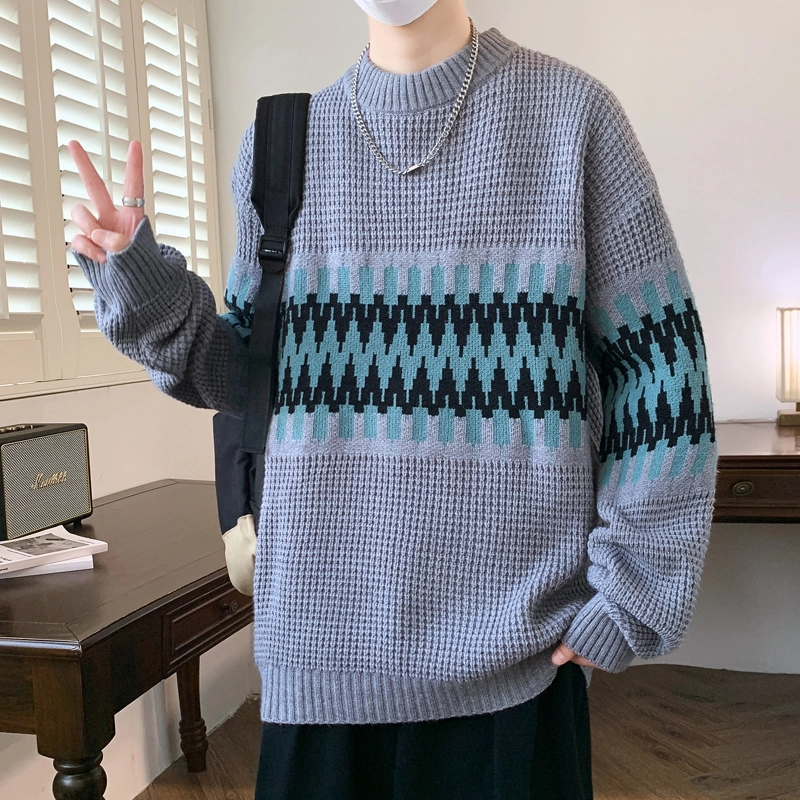 百胜狐 百胜狐秋冬季初高中学生条纹保暖宽松内搭加厚潮男装针织衫 男款