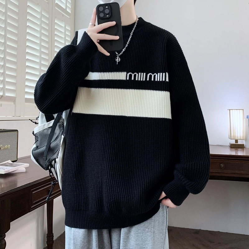 百胜狐 百胜狐男冬季圆领内搭衣服青少年慵懒风保暖冬装打底针织衫 男款