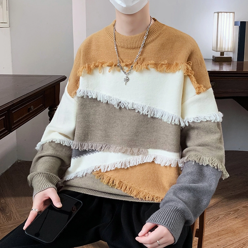 百胜狐 百胜狐个性拼接毛边设计感小众男青少年痞帅流苏线衣外套针织衫 男款