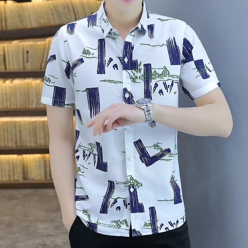 百胜狐 百胜狐夏季男士个性印花韩版修身帅气半袖寸衫休闲潮流男装衬衣短袖衬衫 男款