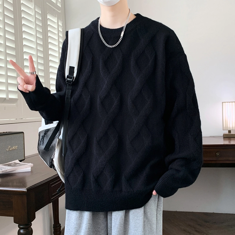 百胜狐 百胜狐美式圆领男秋冬宽松扭花设计感慵懒风百搭套头针织衫 男款