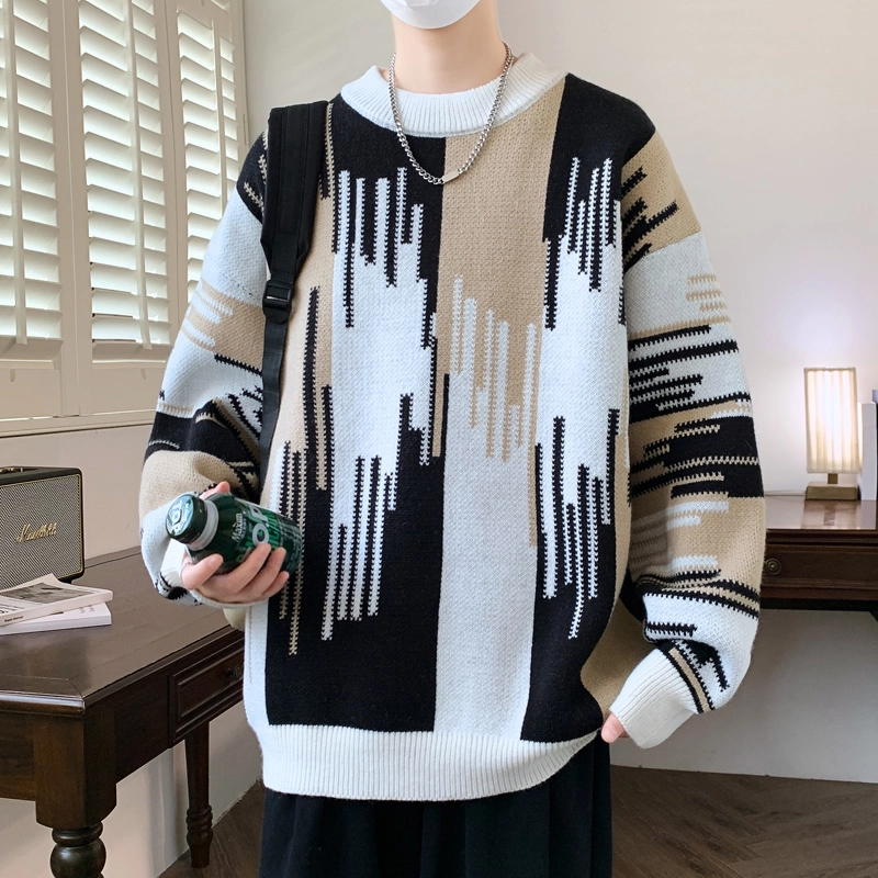 百胜狐 百胜狐男士秋冬季加厚款宽松港风潮流线衣外套圆领慵懒风打底针织衫 男款