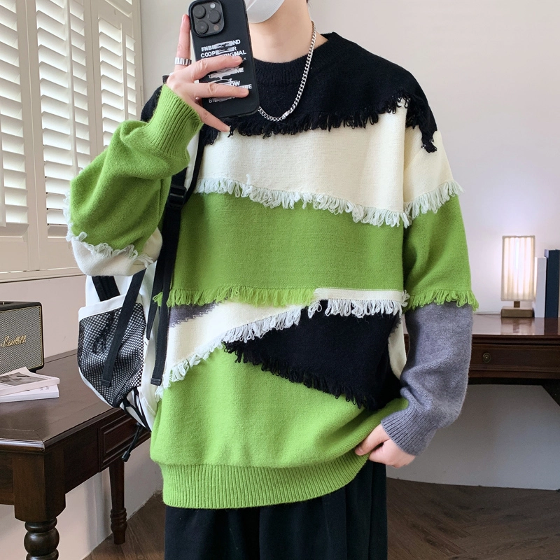 百胜狐 百胜狐个性拼接毛边设计感小众男青少年痞帅流苏线衣外套针织衫 男款