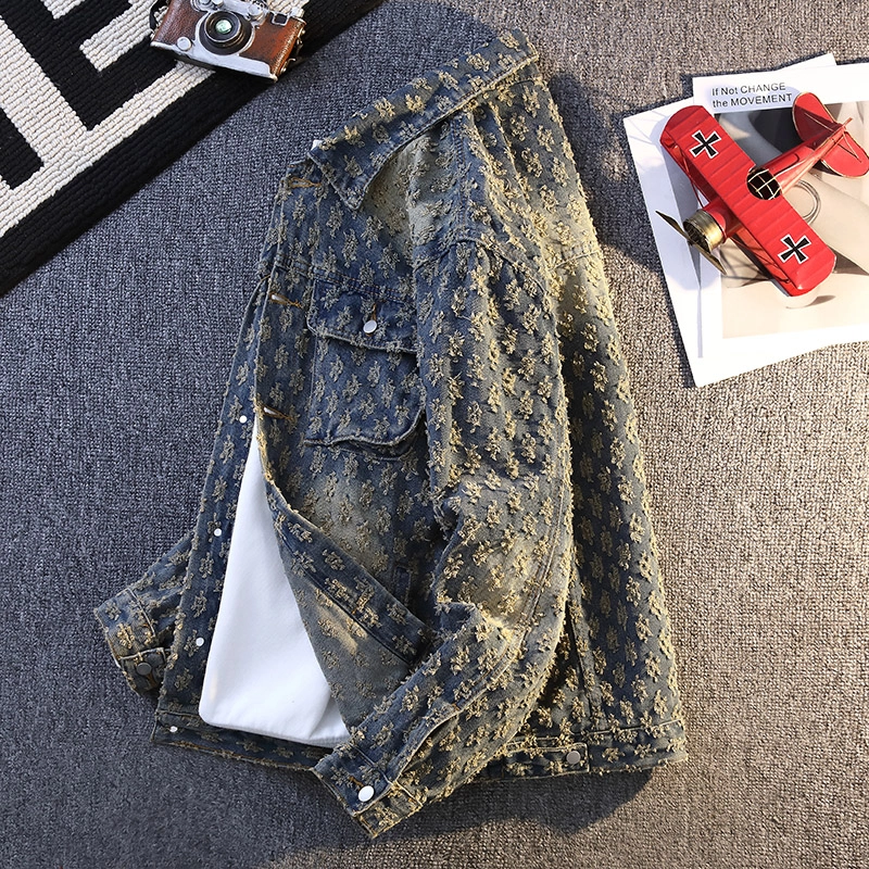 百胜狐 百胜狐美式复古水洗做旧提花高街牛仔外套男春秋款潮牌宽松休闲上衣夹克 男款