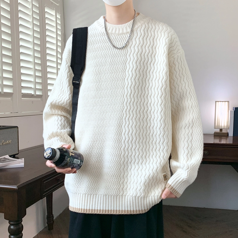 百胜狐 百胜狐加绒男秋冬季薄款粗线男士宽松线衣加厚款潮流上衣针织衫 男款