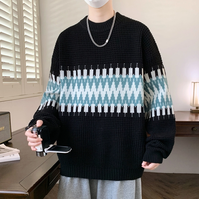 百胜狐 百胜狐秋冬季初高中学生条纹保暖宽松内搭加厚潮男装针织衫 男款