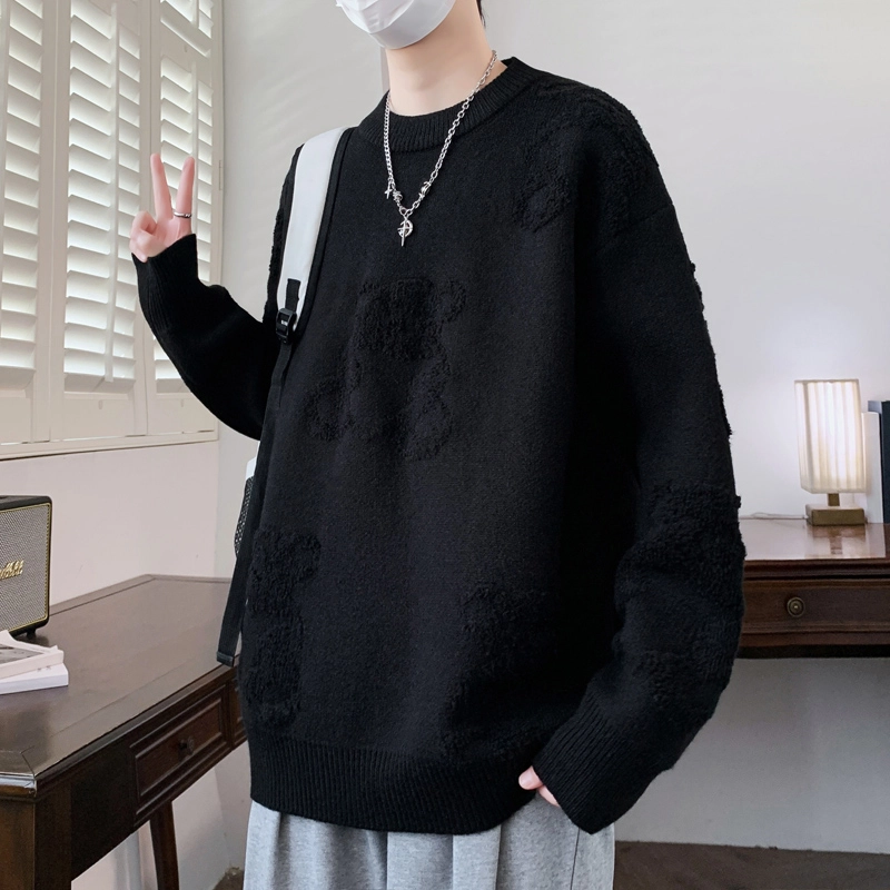 百胜狐 百胜狐冬季男厚款时尚百搭绣小熊高品质保暖青少年打底衫针织衫 男款