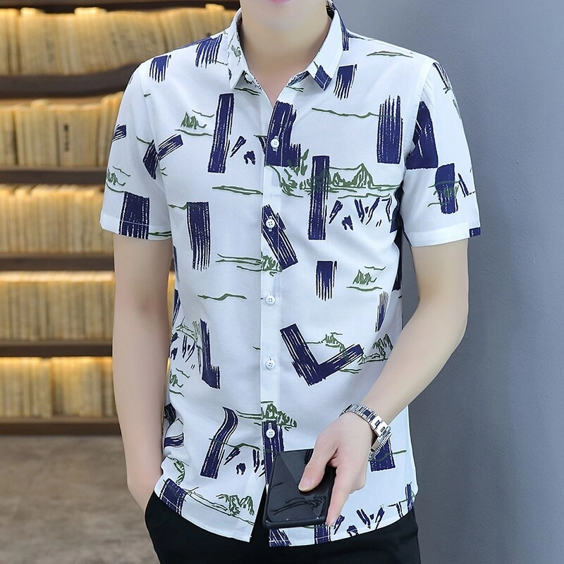 百胜狐 百胜狐夏季男士个性印花韩版修身帅气半袖寸衫休闲潮流男装衬衣短袖衬衫 男款