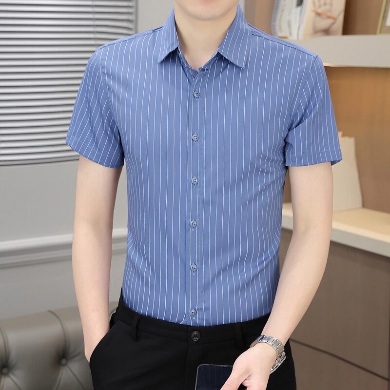 百胜狐 百胜狐竹纤维冰丝弹力免烫男士夏季商务休闲黑白条纹薄款衬衫 男款