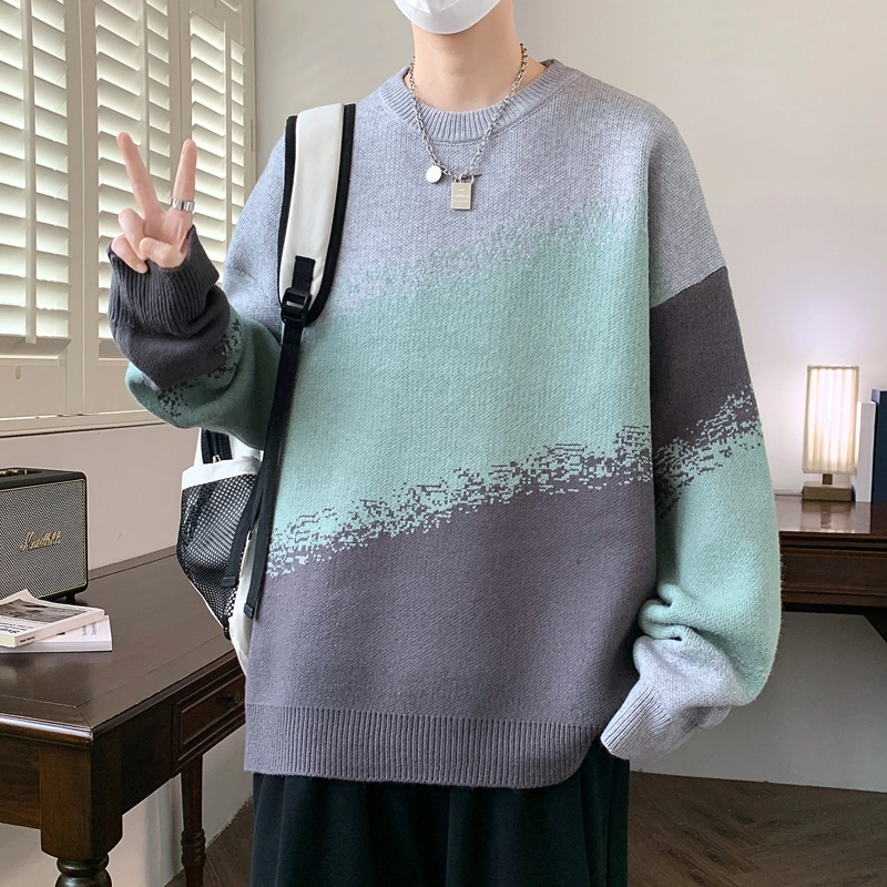 百胜狐 百胜狐圆领秋冬季宽松百搭加厚男潮牌青少年渐变色线衣服针织衫 男款