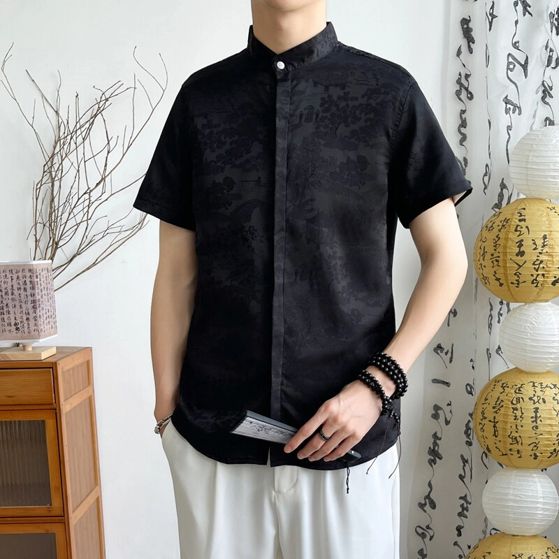 百胜狐 百胜狐印花男士中国风夏季冰丝半袖男外套青少年宽松休闲衬衣短袖衬衫 男款