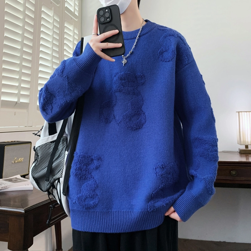 百胜狐 百胜狐冬季男厚款时尚百搭绣小熊高品质保暖青少年打底衫针织衫 男款