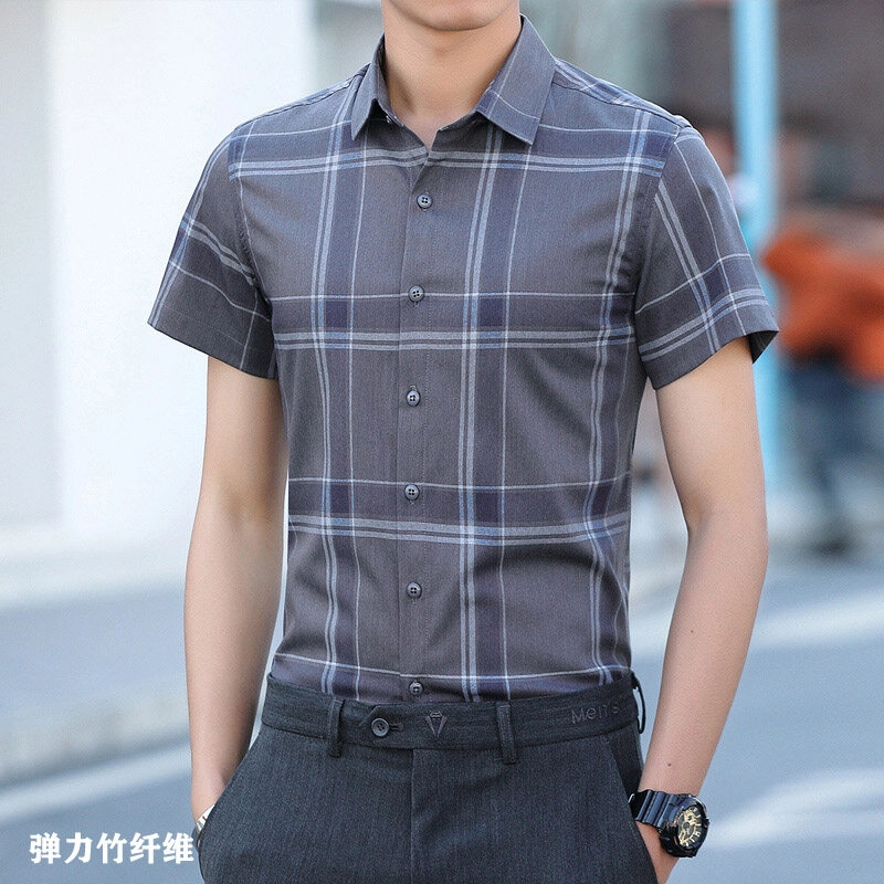 百胜狐 百胜狐夏季男士韩版修身弹力寸衣轻商务休闲格子衬衣服短袖衬衫 男款
