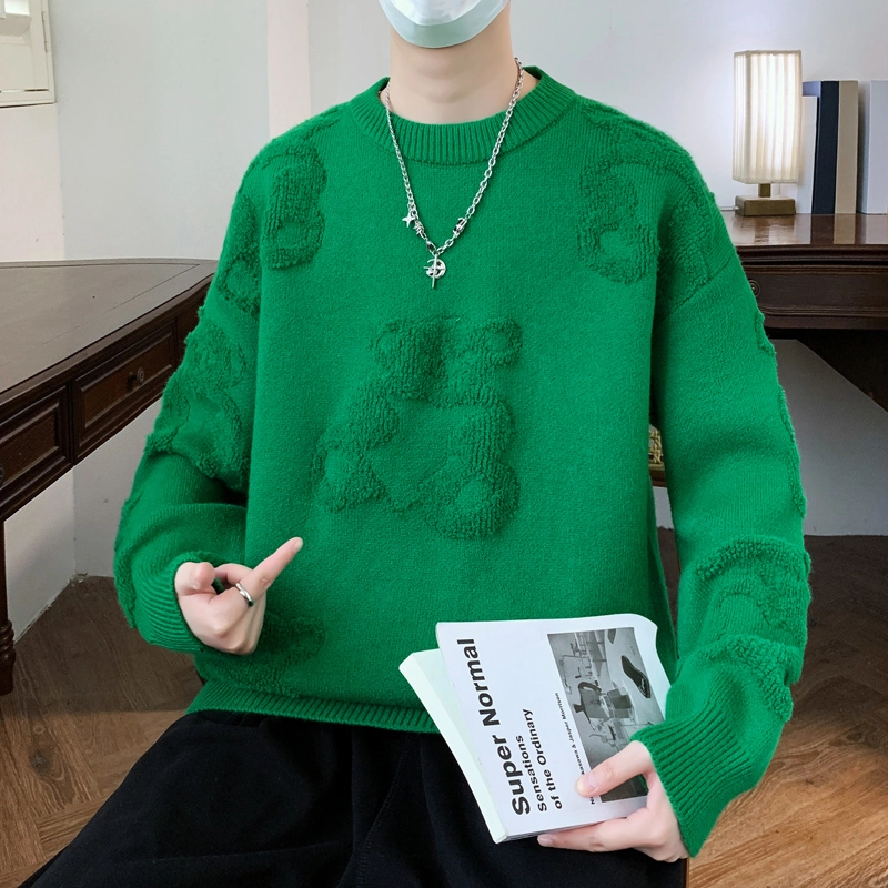 百胜狐 百胜狐冬季男厚款时尚百搭绣小熊高品质保暖青少年打底衫针织衫 男款