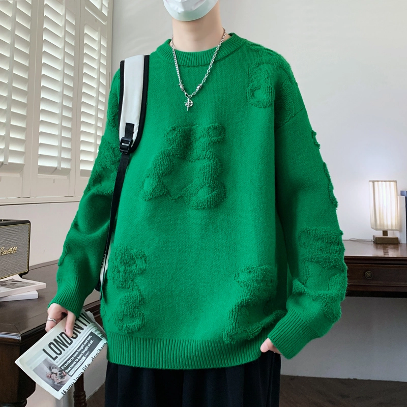 百胜狐 百胜狐冬季男厚款时尚百搭绣小熊高品质保暖青少年打底衫针织衫 男款