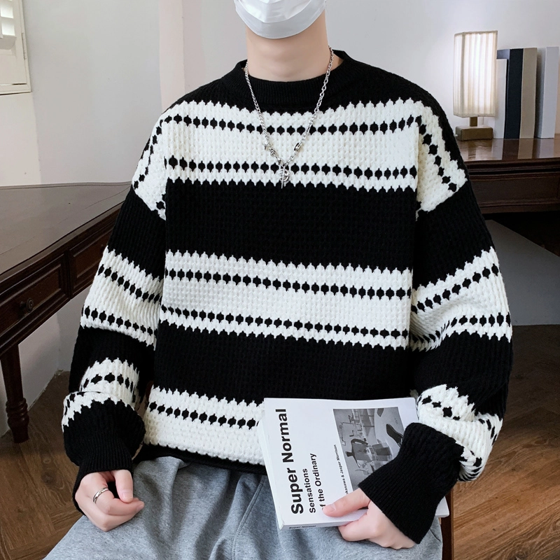 百胜狐 套头时尚条纹拼色立体编织打底针织衫 男款
