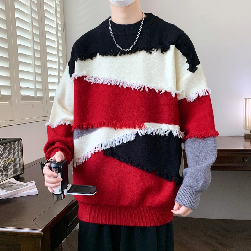 百胜狐 百胜狐个性拼接毛边设计感小众男青少年痞帅流苏线衣外套针织衫 男款