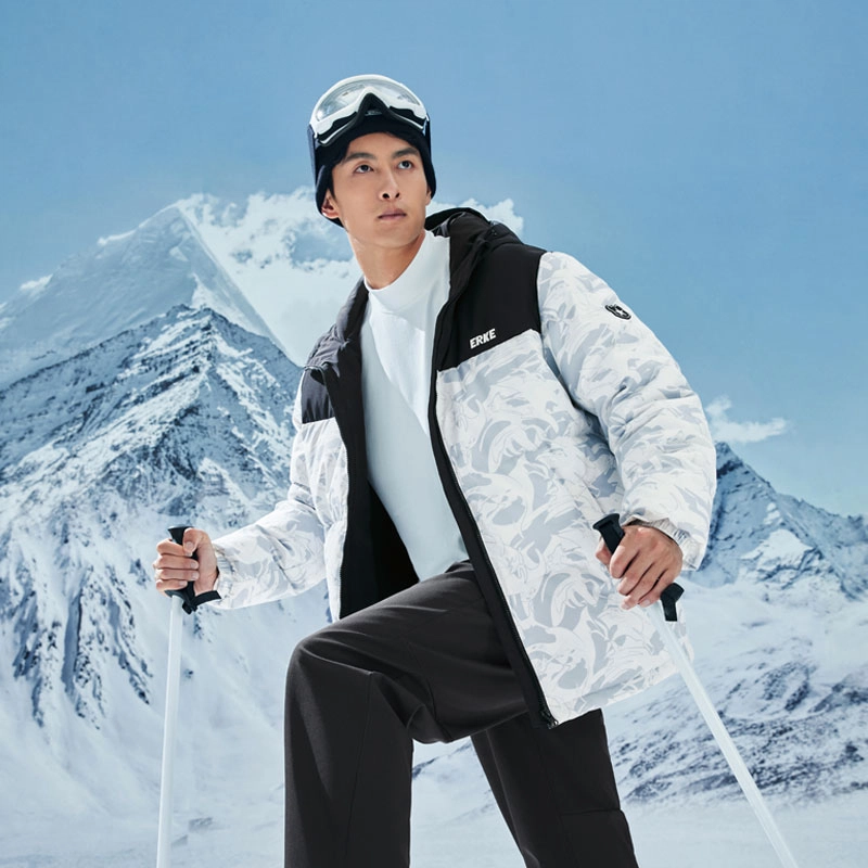 鸿星尔克 电池熊猫系列 雪山防泼水防风户外连帽羽绒服外套 男女同款 正白