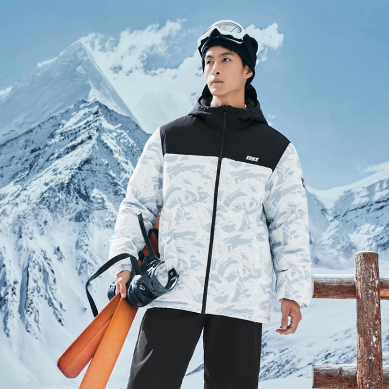 鸿星尔克 电池熊猫系列 雪山防泼水防风户外连帽羽绒服外套 男女同款 正白